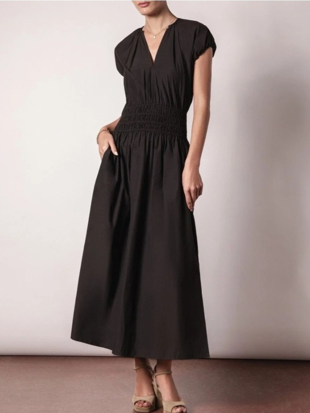 Brochu Walker Mina Black V-Neck Smocked-Waist Midi